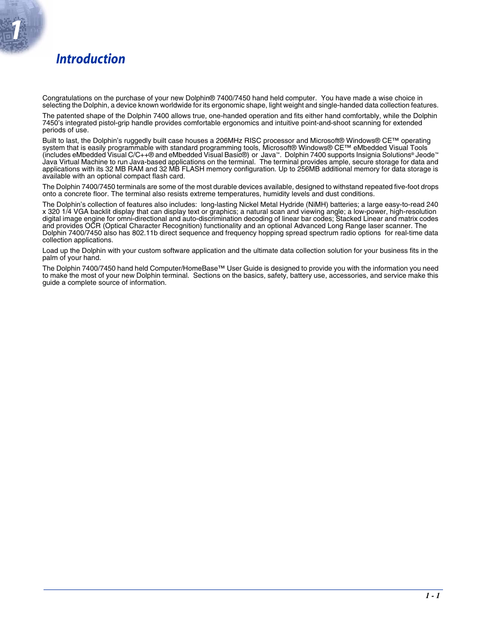 Introduction, Chapter 1 - introduction | Hand Held Products 7400/7450 User Manual | Page 9 / 107