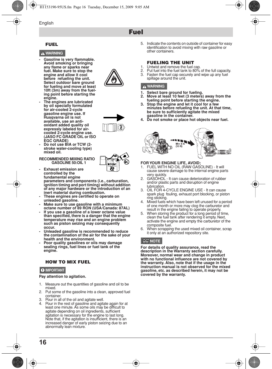 Fuel, Fuel how to mix fuel fueling the unit | Husqvarna 380BFS User Manual | Page 16 / 21