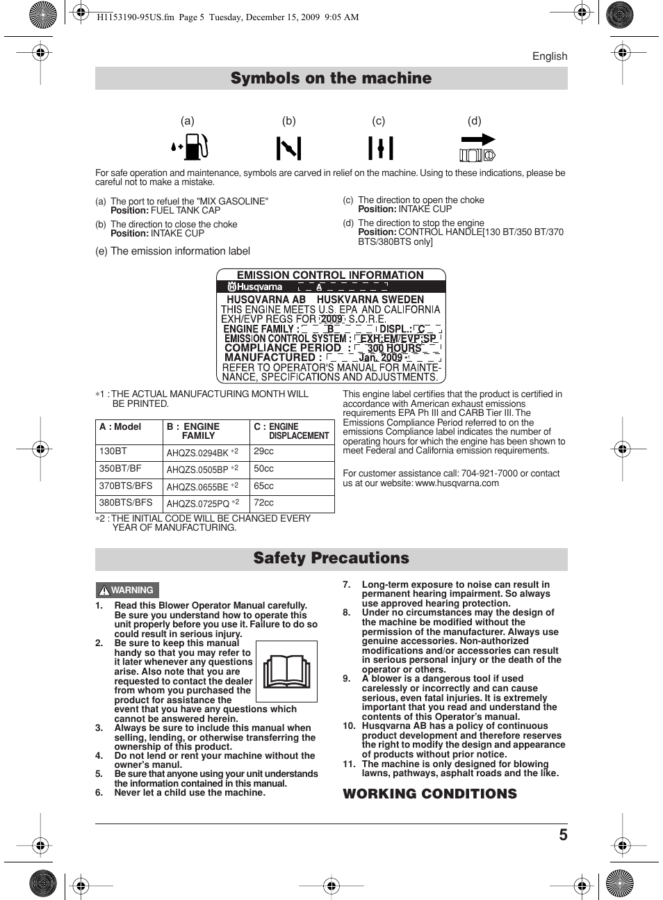 Safety precautions, Symbols on the machine, Working conditions | Husqvarna 380BFS User Manual | Page 5 / 21