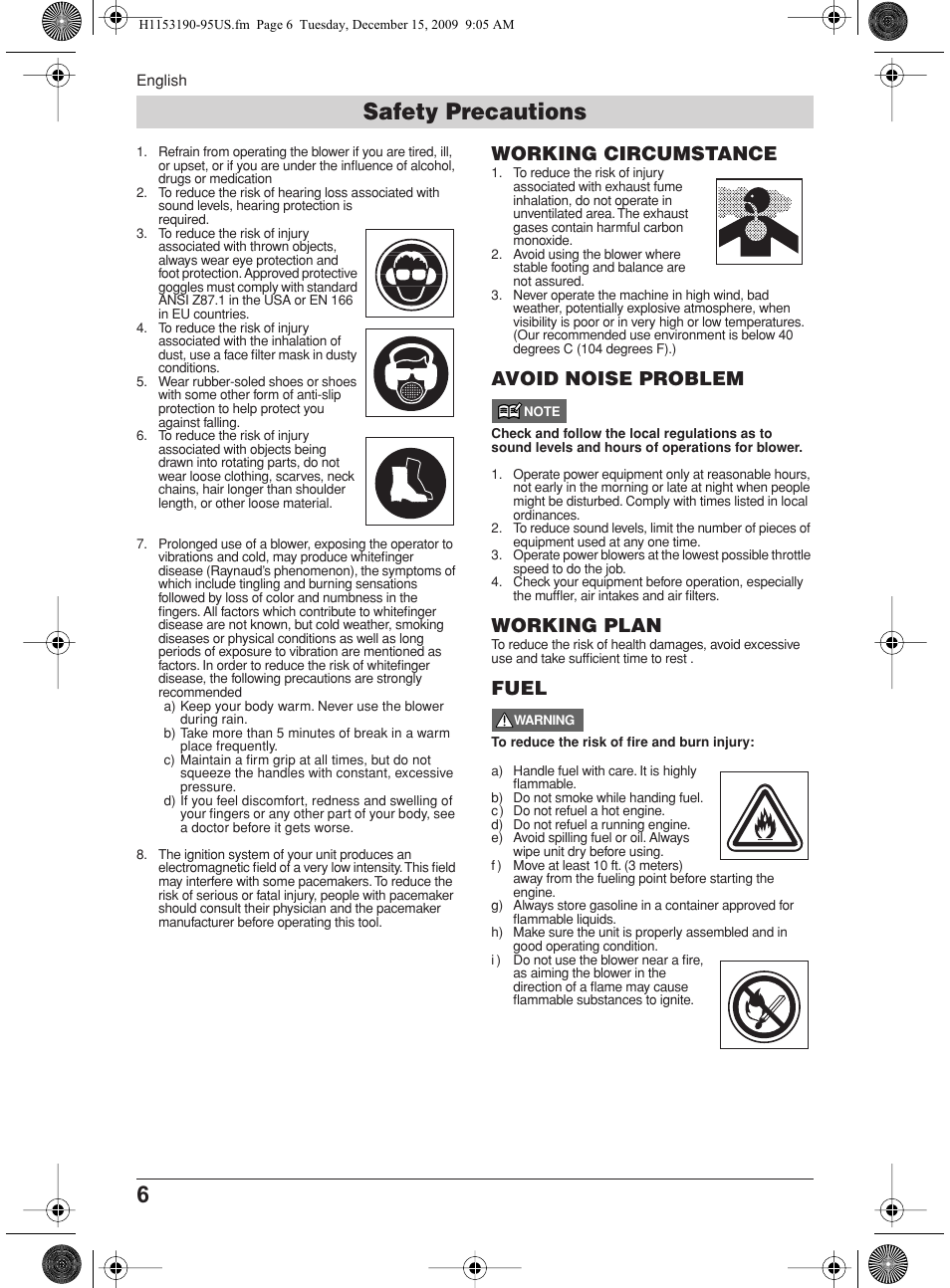 Safety precautions, Working circumstance, Avoid noise problem | Working plan, Fuel | Husqvarna 380BFS User Manual | Page 6 / 21