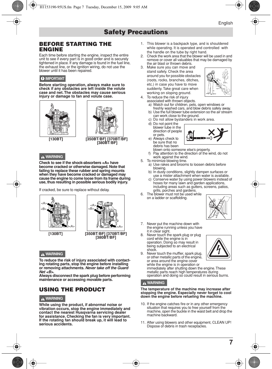 Safety precautions, Before starting the engine using the product, Before starting the engine | Using the product | Husqvarna 380BFS User Manual | Page 7 / 21