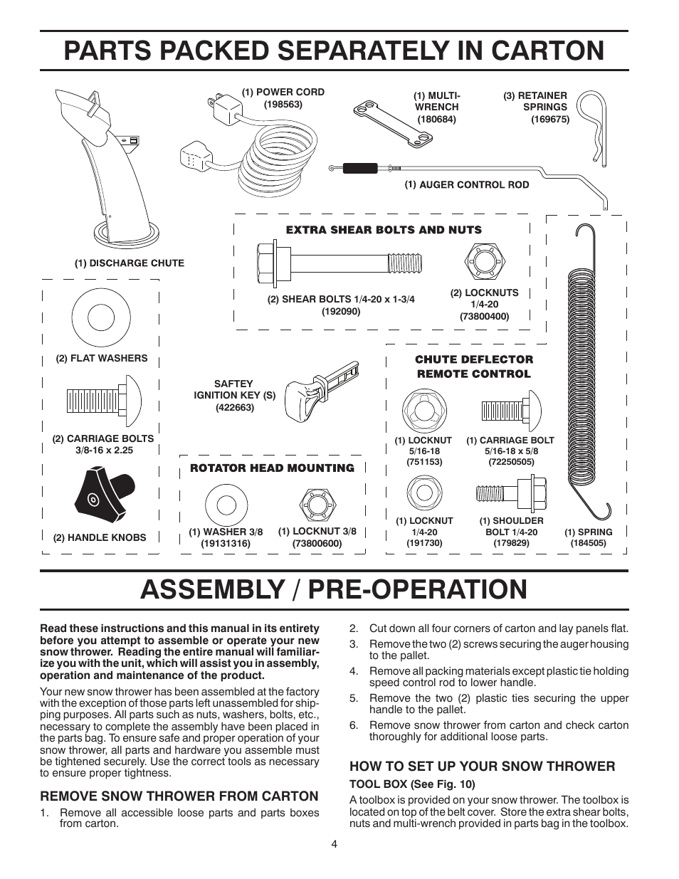 Assembly, Parts packed separately in carton, Assembly / pre-operation | Remove snow thrower from car ton, How to set up your snow thrower | Husqvarna 96193005500 User Manual | Page 4 / 44
