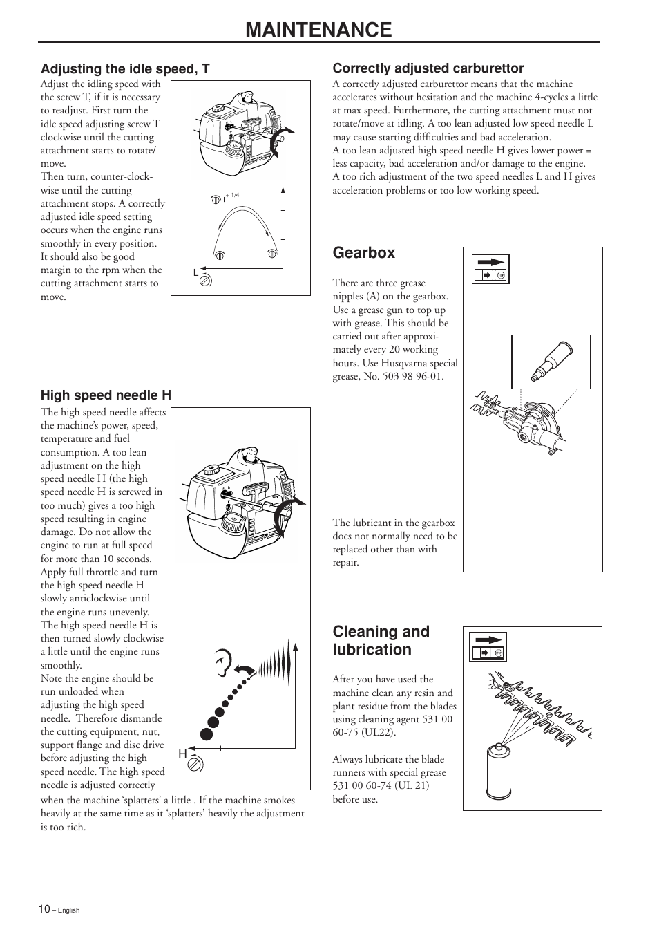 Maintenance, Gearbox, Cleaning and lubrication | Husqvarna HEDGE TRIMMER ATTACHMENT User Manual | Page 10 / 32