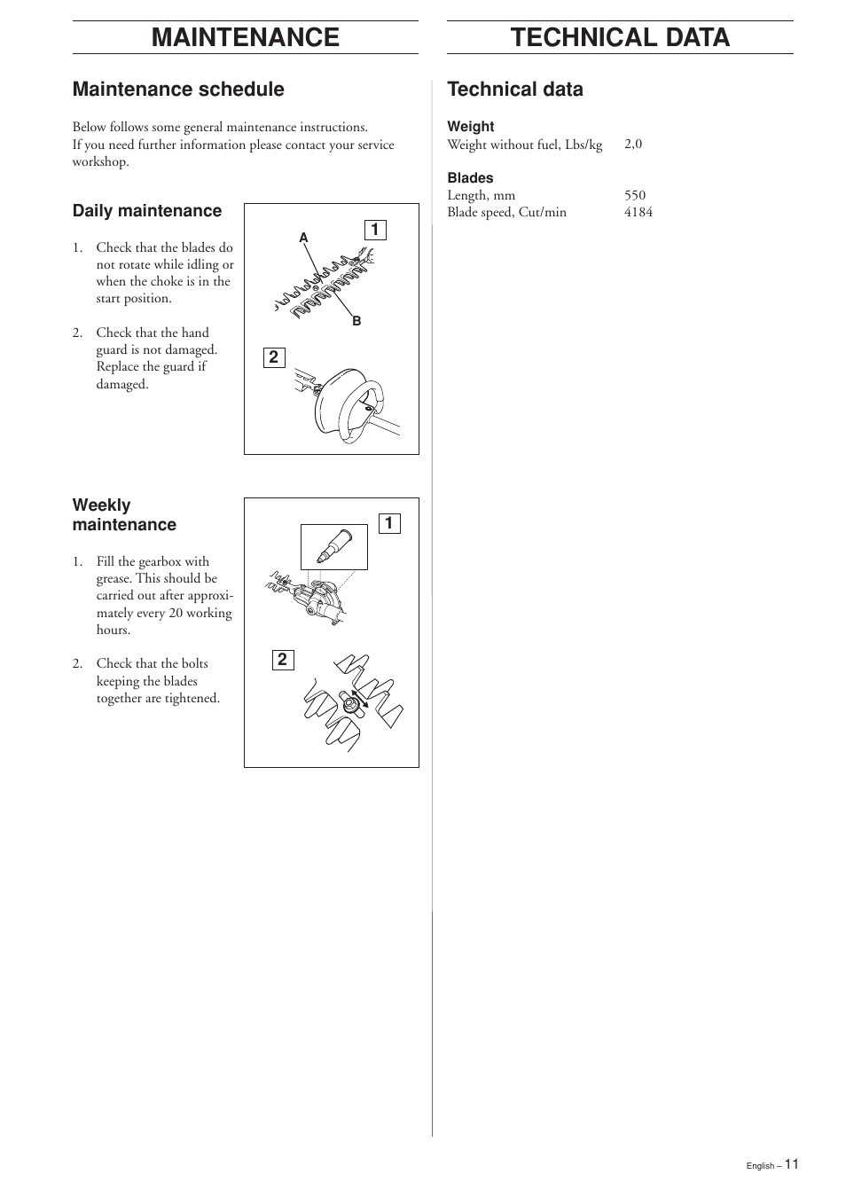 Technical data, Maintenance, Maintenance schedule | Husqvarna HEDGE TRIMMER ATTACHMENT User Manual | Page 11 / 32