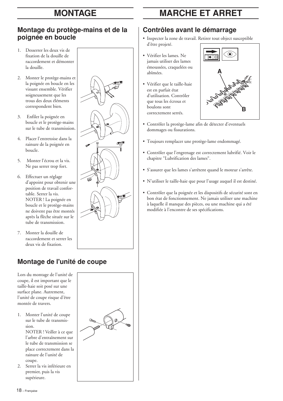 Montage, Marche et arret, Montage de l'unité de coupe | Contrôles avant le démarrage | Husqvarna HEDGE TRIMMER ATTACHMENT User Manual | Page 18 / 32