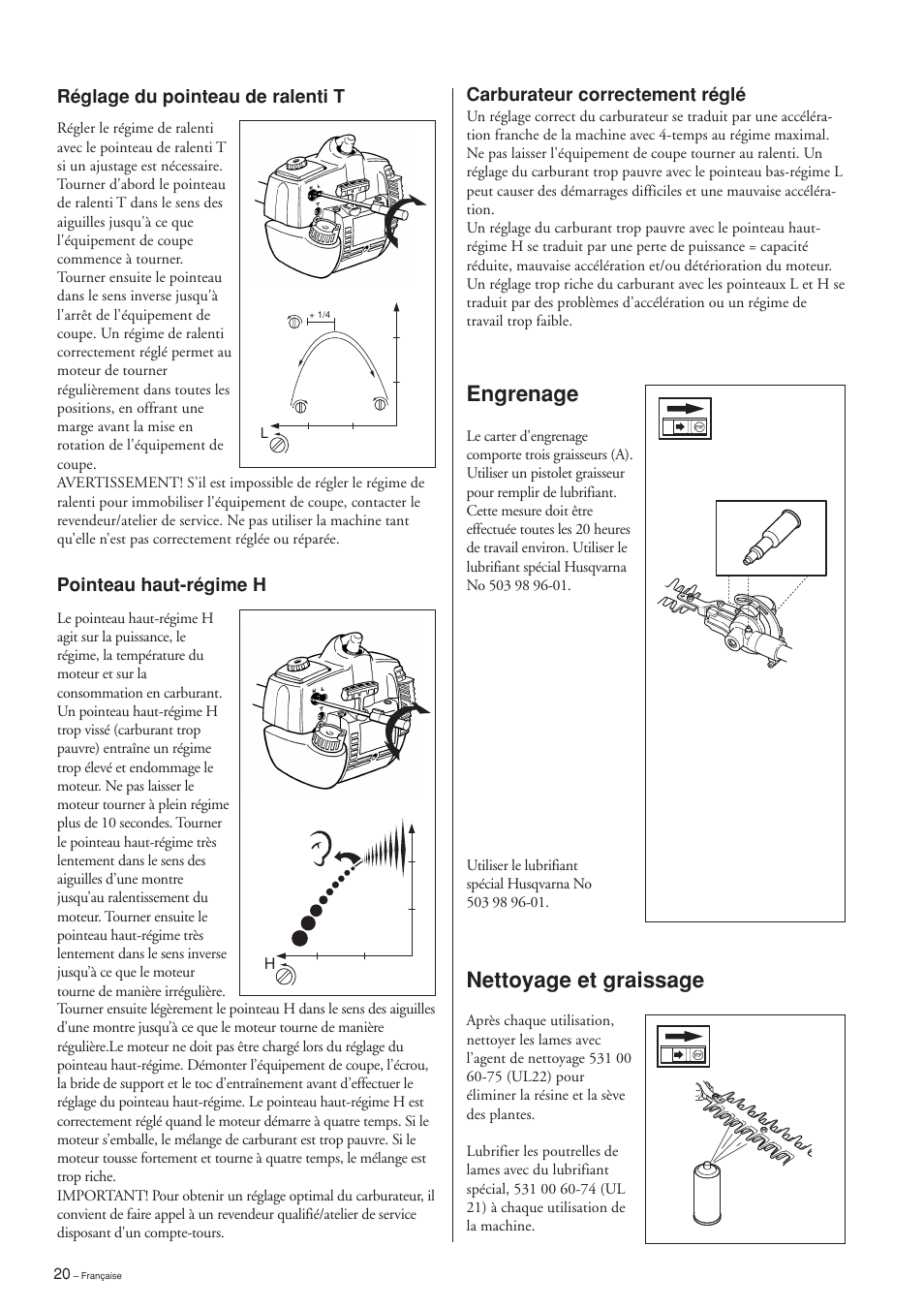 Engrenage, Nettoyage et graissage | Husqvarna HEDGE TRIMMER ATTACHMENT User Manual | Page 20 / 32