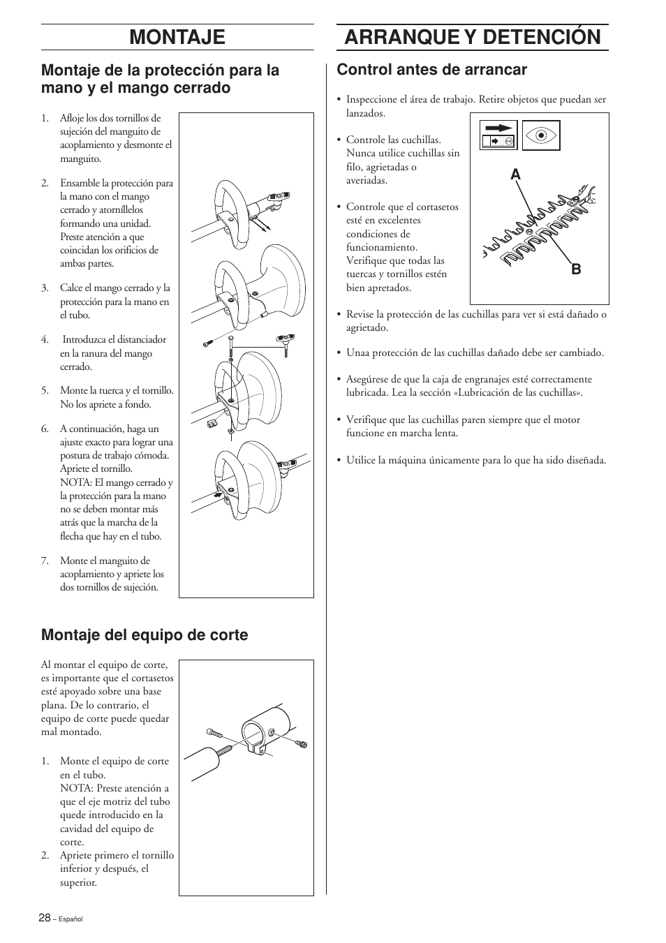 Montaje, Arranque y detención, Montaje del equipo de corte | Control antes de arrancar | Husqvarna HEDGE TRIMMER ATTACHMENT User Manual | Page 28 / 32