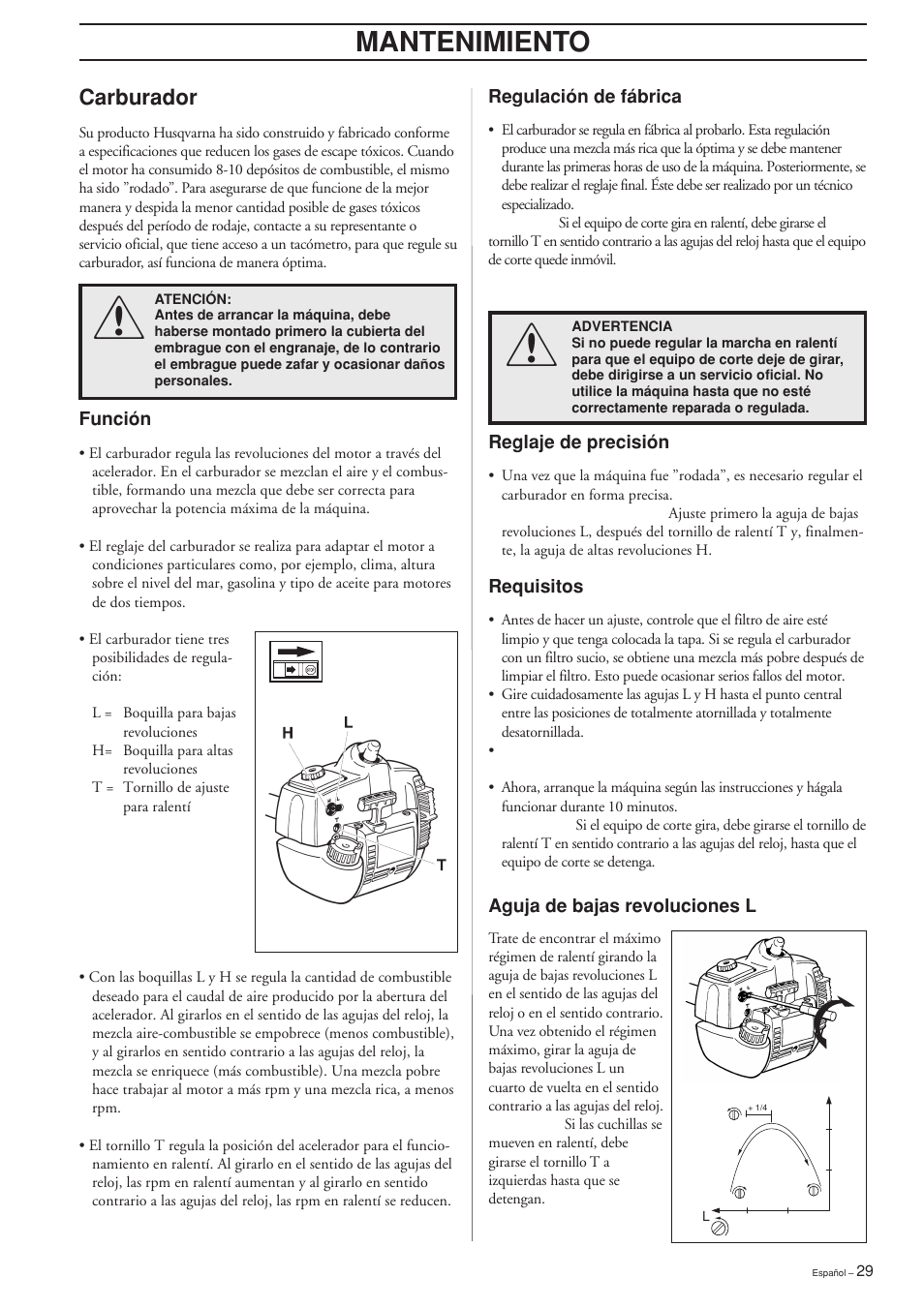 Mantenimiento, Carburador | Husqvarna HEDGE TRIMMER ATTACHMENT User Manual | Page 29 / 32