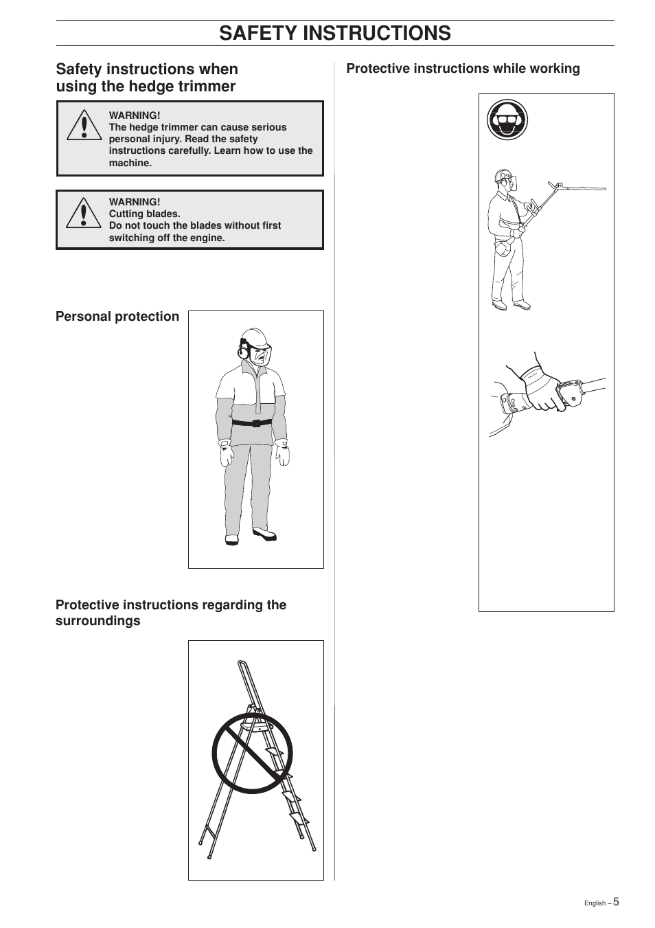 Safety instructions, Safety instructions when using the hedge trimmer | Husqvarna HEDGE TRIMMER ATTACHMENT User Manual | Page 5 / 32