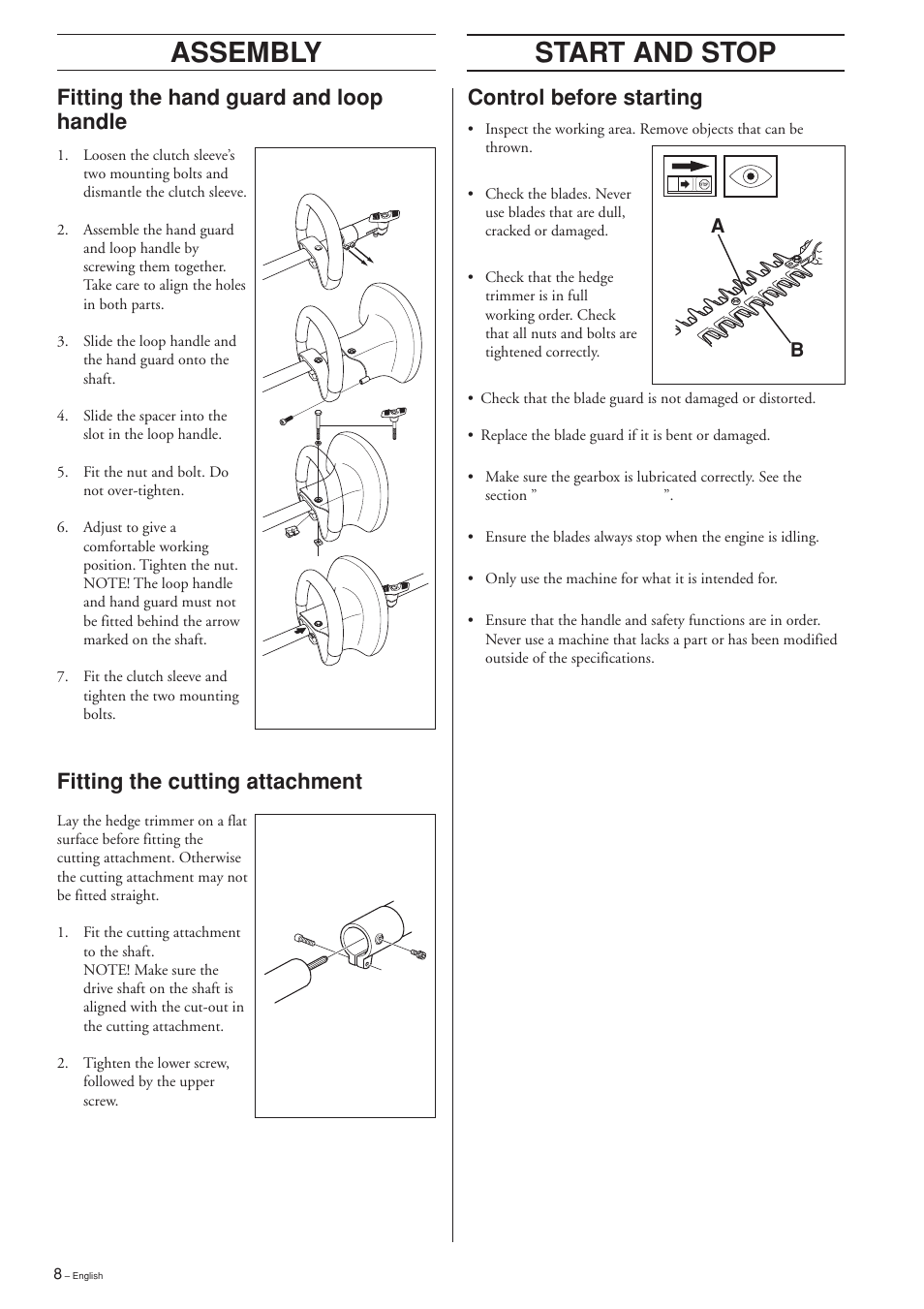 Assembly, Start & stop, Start and stop | Fitting the hand guard and loop handle, Fitting the cutting attachment, Control before starting | Husqvarna HEDGE TRIMMER ATTACHMENT User Manual | Page 8 / 32