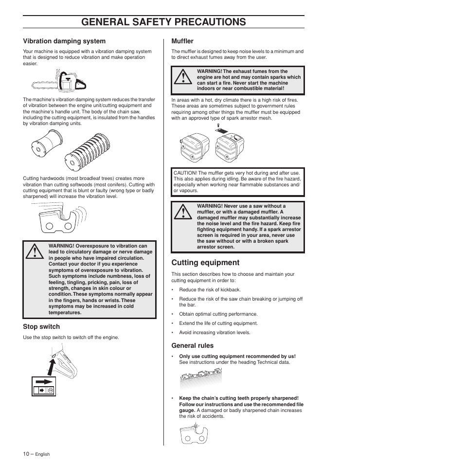 Vibration damping system, Stop switch, Muffler | Cutting equipment, General rules, General safety precautions | Husqvarna 372XPW User Manual | Page 10 / 44