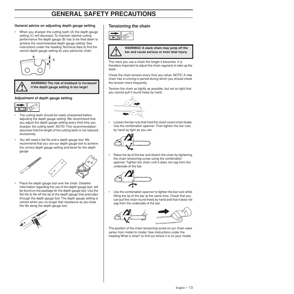 Tensioning the chain, General safety precautions | Husqvarna 372XPW User Manual | Page 13 / 44