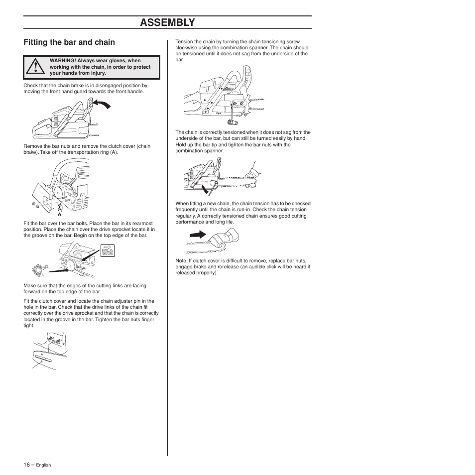 Fitting the bar and chain, Assembly | Husqvarna 372XPW User Manual | Page 16 / 44