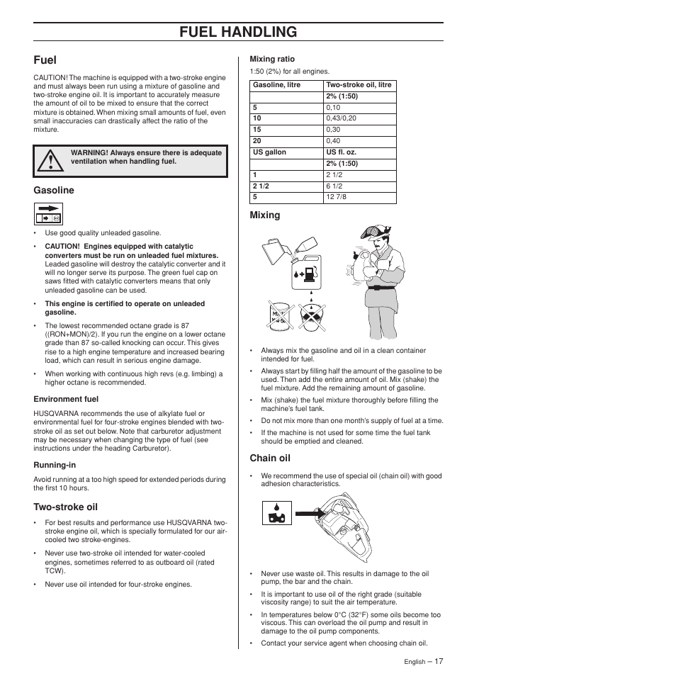 Fuel, Gasoline, Two-stroke oil | Mixing, Chain oil, Fuel handling | Husqvarna 372XPW User Manual | Page 17 / 44