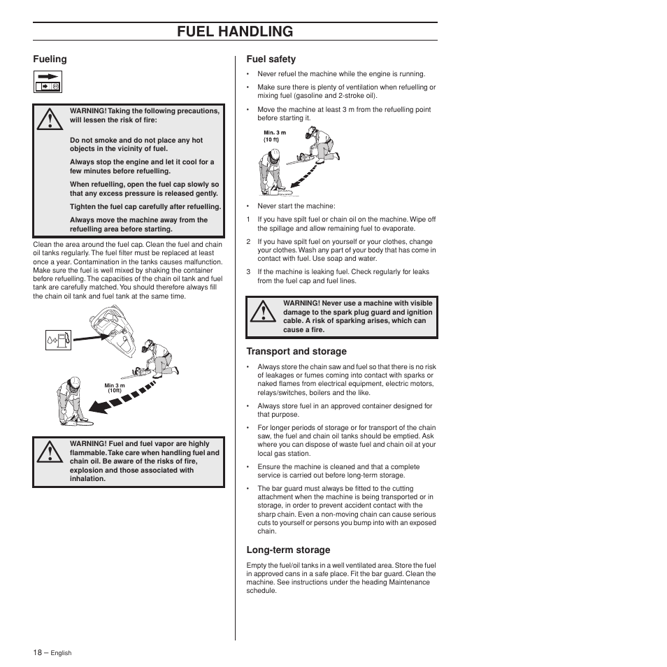 Fueling, Fuel safety, Transport and storage | Long-term storage, Fuel handling | Husqvarna 372XPW User Manual | Page 18 / 44