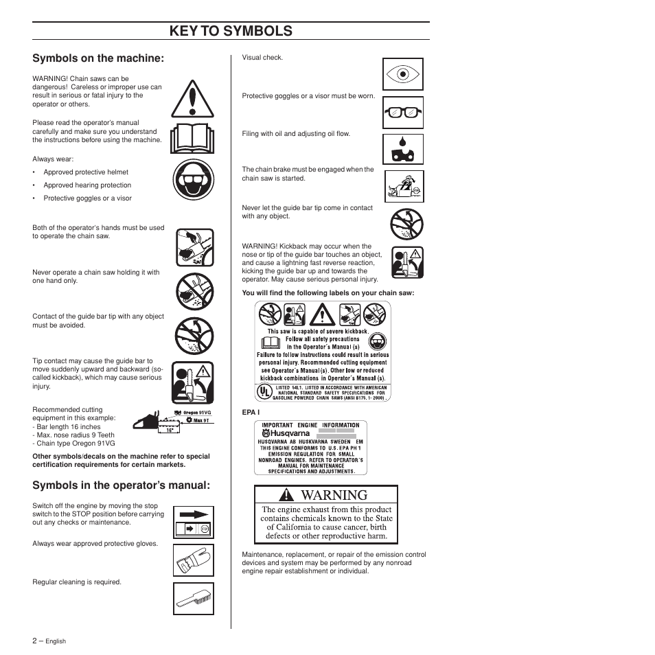 Symbols on the machine, Symbols in the operator’s manual, Key to symbols | Husqvarna 372XPW User Manual | Page 2 / 44