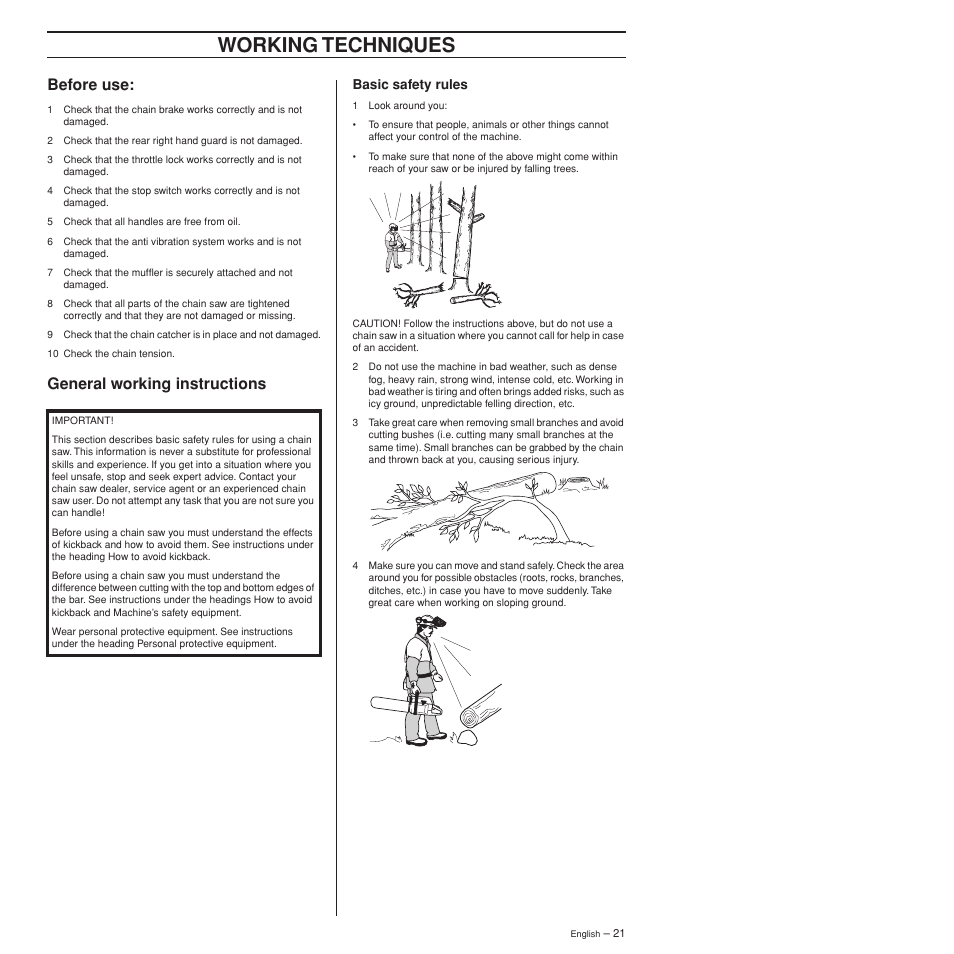 Before use, General working instructions, Basic safety rules | Working techniques | Husqvarna 372XPW User Manual | Page 21 / 44