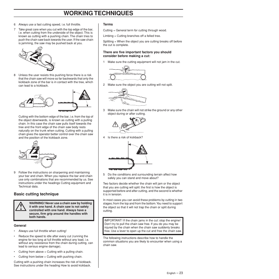 Basic cutting technique, Working techniques | Husqvarna 372XPW User Manual | Page 23 / 44