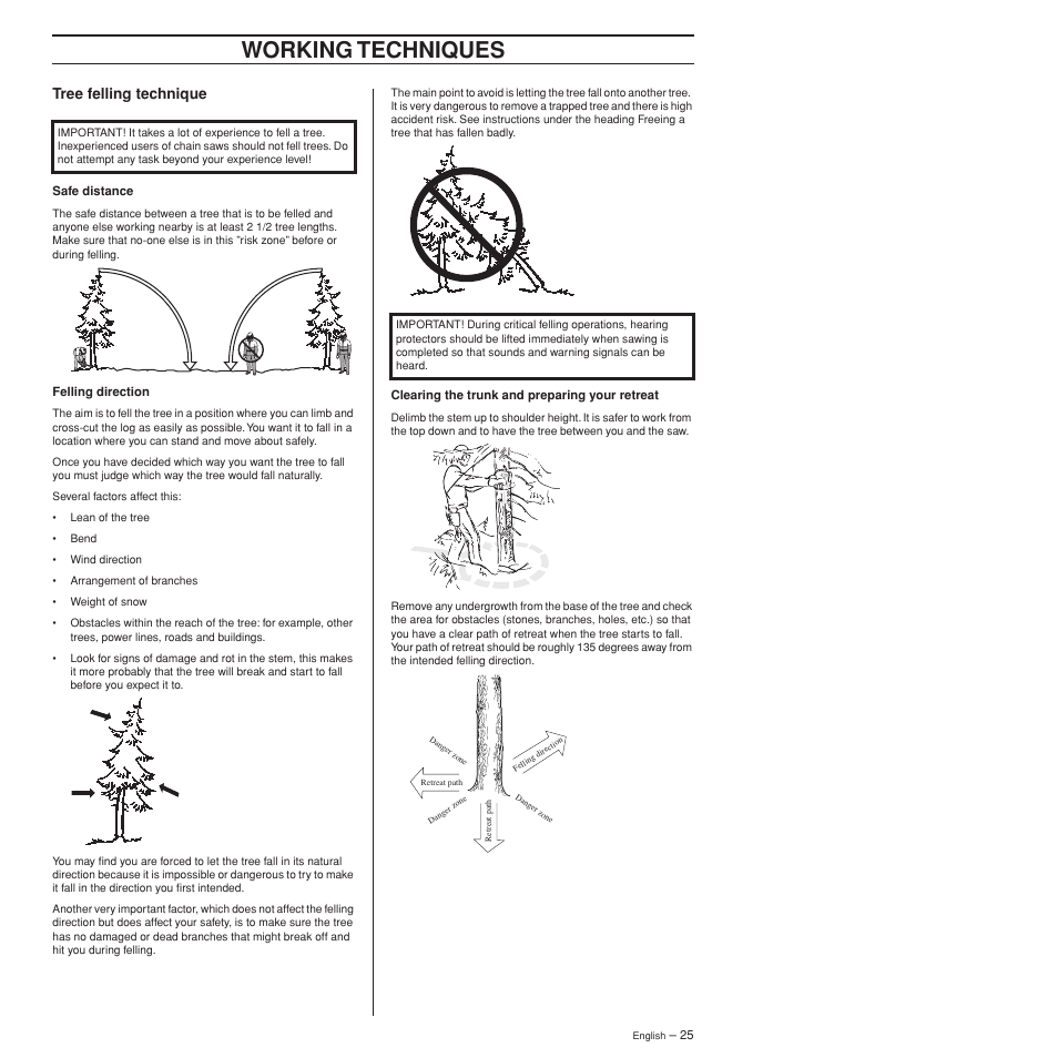 Tree felling technique, Working techniques | Husqvarna 372XPW User Manual | Page 25 / 44