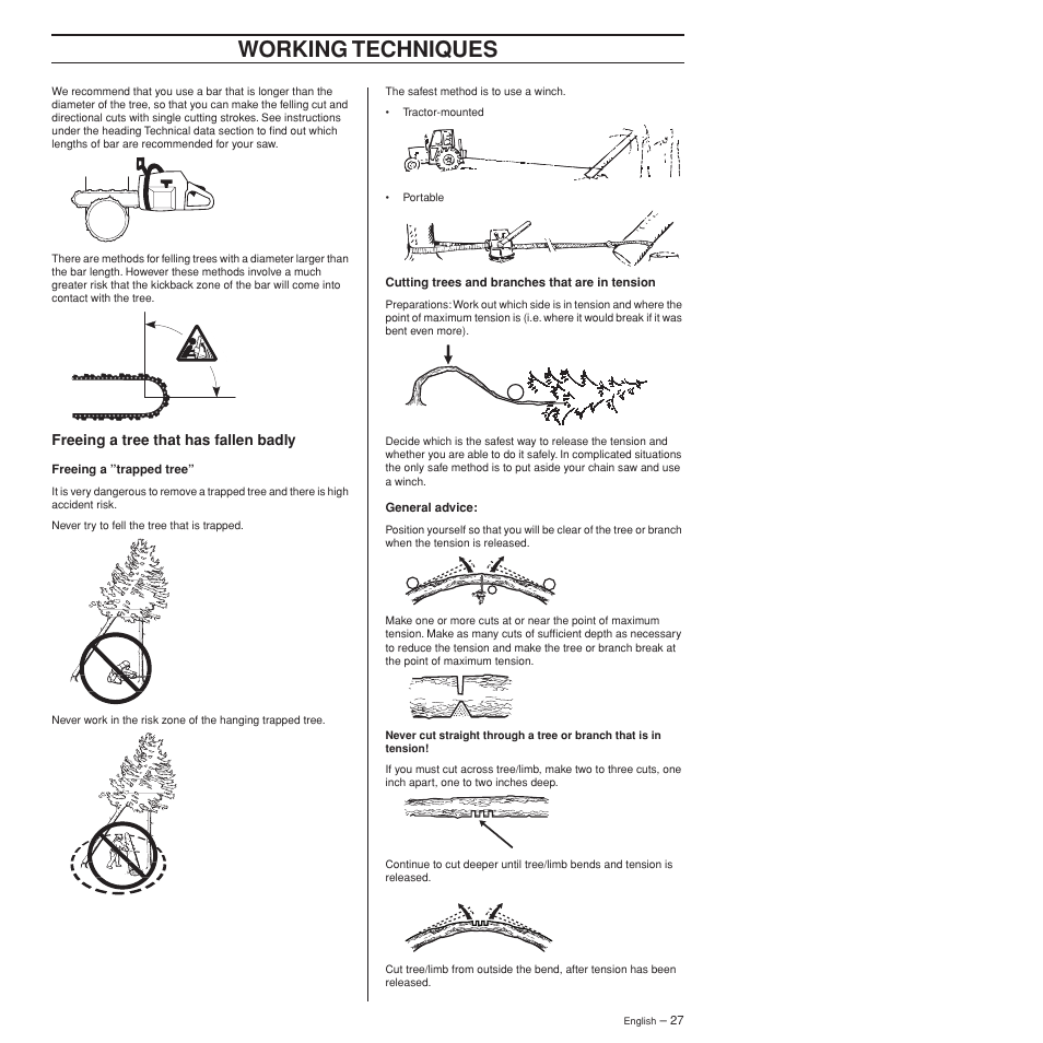 Freeing a tree that has fallen badly, Working techniques | Husqvarna 372XPW User Manual | Page 27 / 44