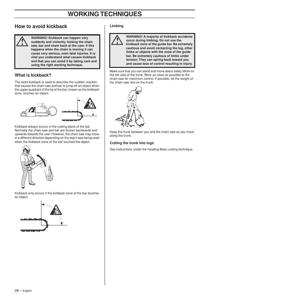 How to avoid kickback, What is kickback, Working techniques | Husqvarna 372XPW User Manual | Page 28 / 44