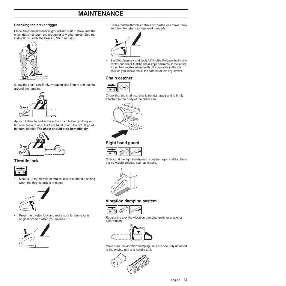 Throttle lock, Chain catcher, Right hand guard | Vibration damping system, Maintenance | Husqvarna 372XPW User Manual | Page 31 / 44