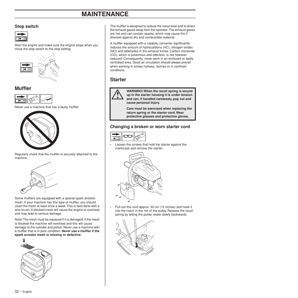 Stop switch, Muffler, Starter | Changing a broken or worn starter cord, Maintenance | Husqvarna 372XPW User Manual | Page 32 / 44