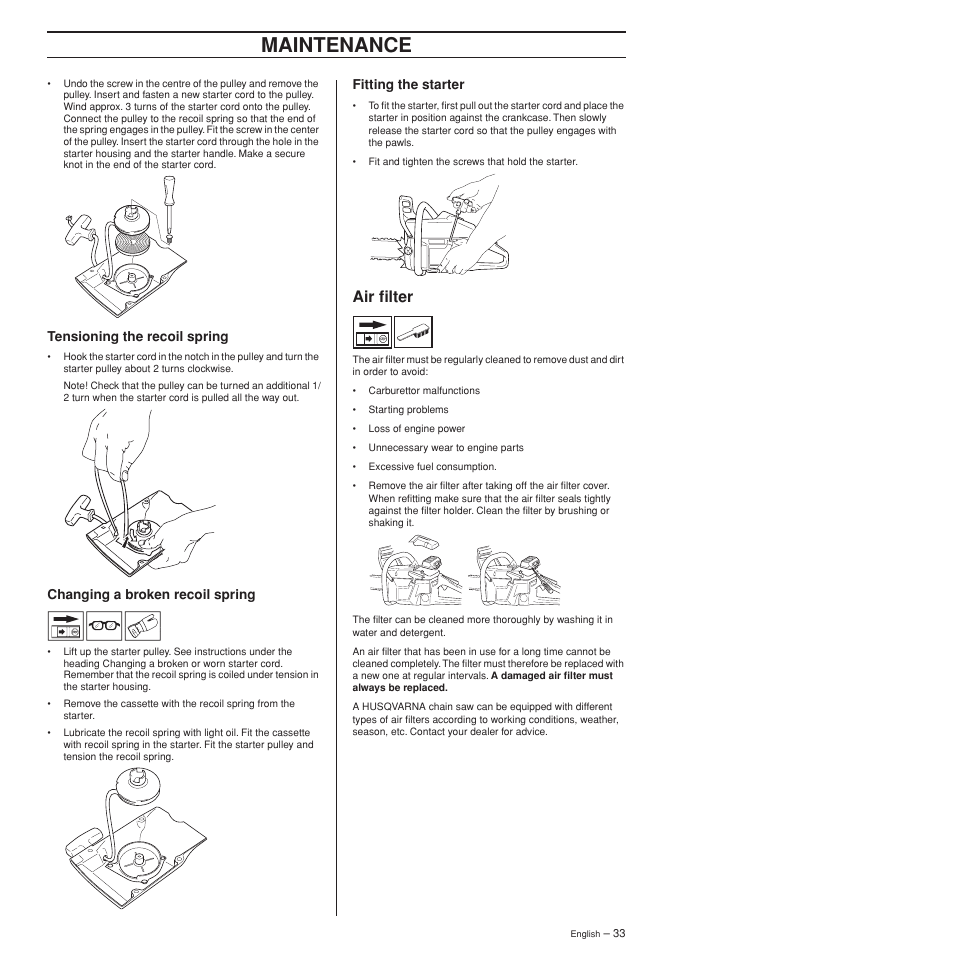 Tensioning the recoil spring, Changing a broken recoil spring, Fitting the starter | Air filter, Maintenance | Husqvarna 372XPW User Manual | Page 33 / 44