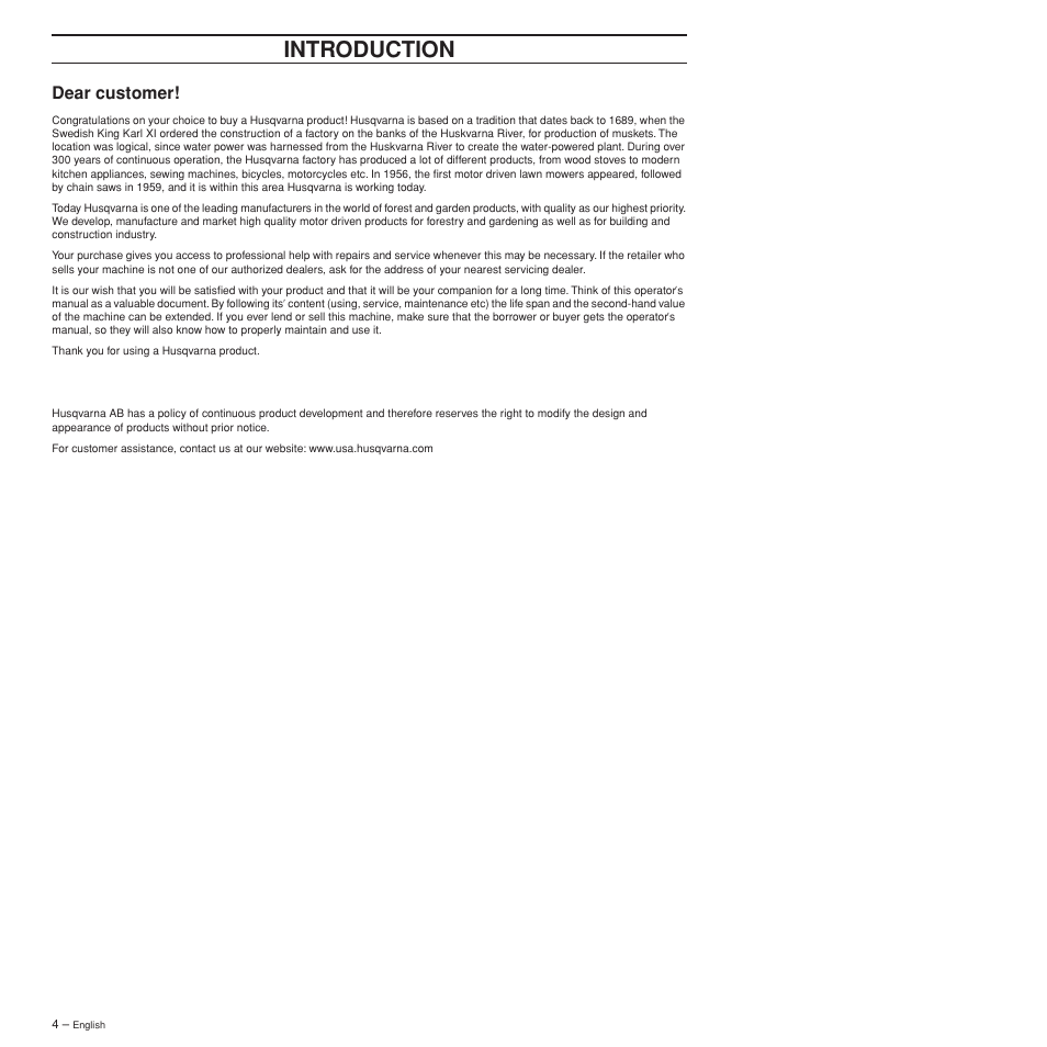 Dear customer, Introduction | Husqvarna 372XPW User Manual | Page 4 / 44