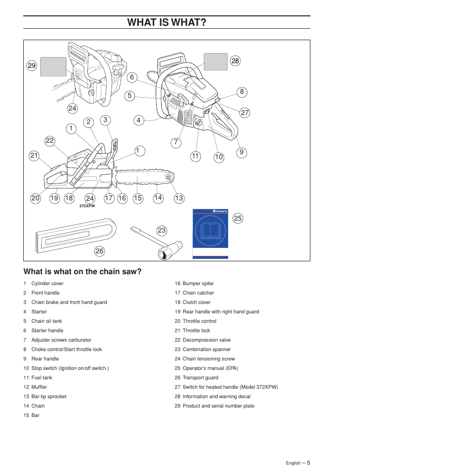 What is what, What is what on the chain saw | Husqvarna 372XPW User Manual | Page 5 / 44