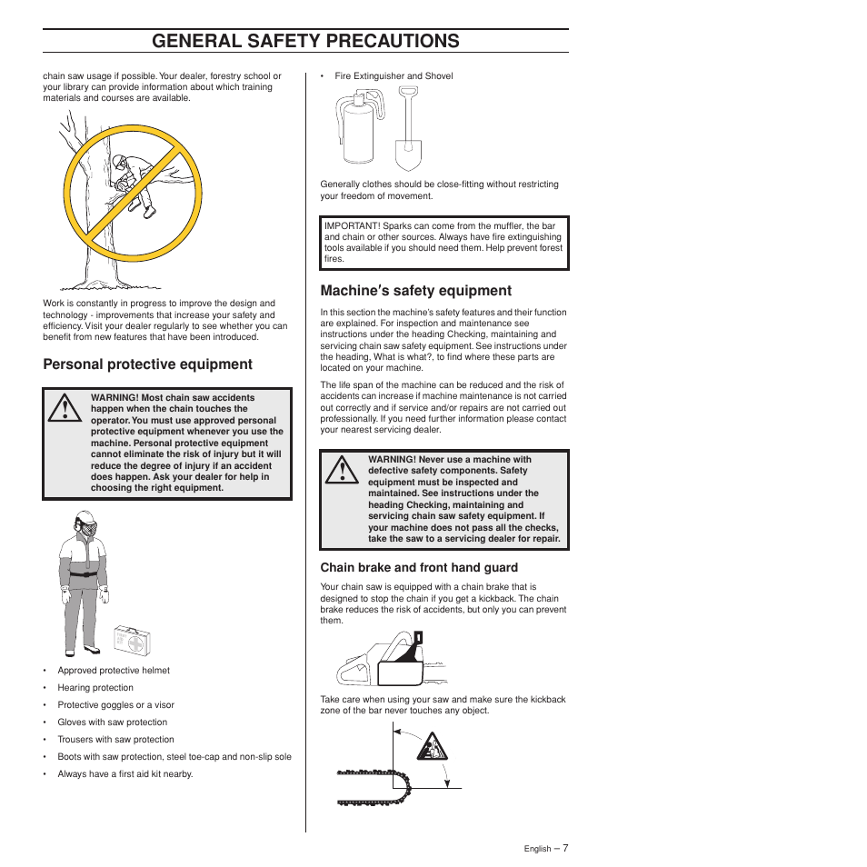 Personal protective equipment, Machine¢s safety equipment, Chain brake and front hand guard | General safety precautions | Husqvarna 372XPW User Manual | Page 7 / 44