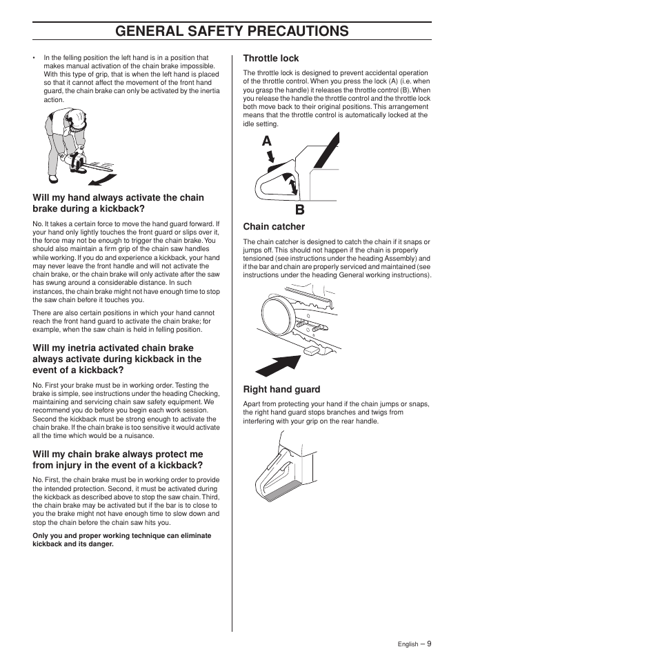 Throttle lock, Chain catcher, Right hand guard | General safety precautions | Husqvarna 372XPW User Manual | Page 9 / 44