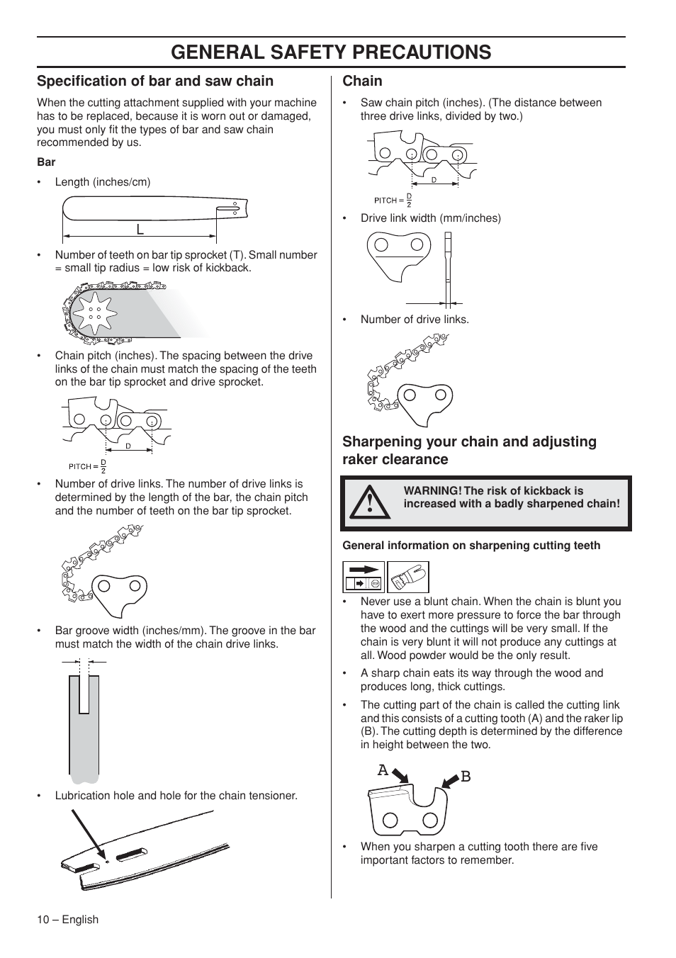 Specification of bar and saw chain, Chain, General safety precautions | Husqvarna 327P5X-series User Manual | Page 10 / 36