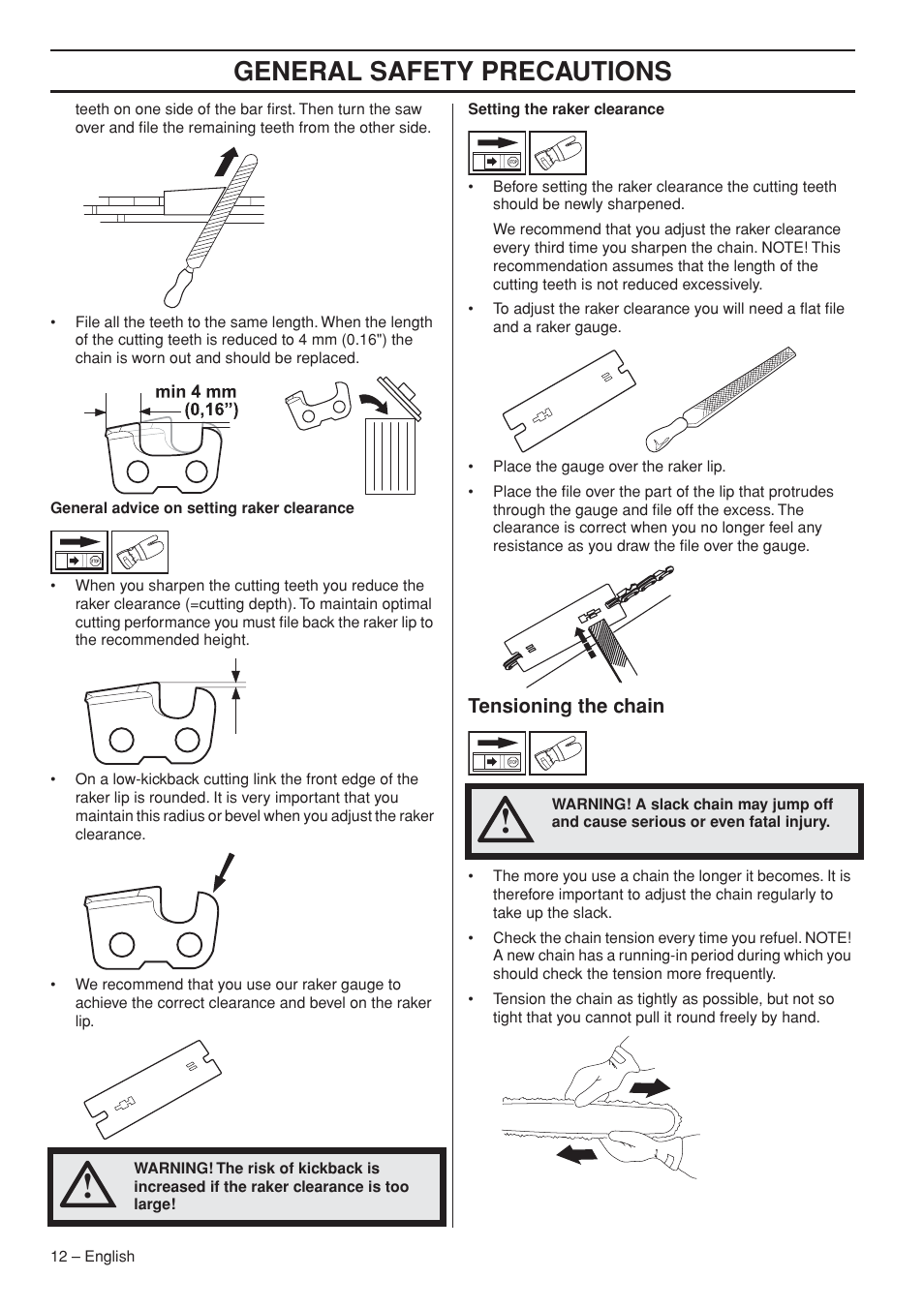 Tensioning the chain, General safety precautions | Husqvarna 327P5X-series User Manual | Page 12 / 36