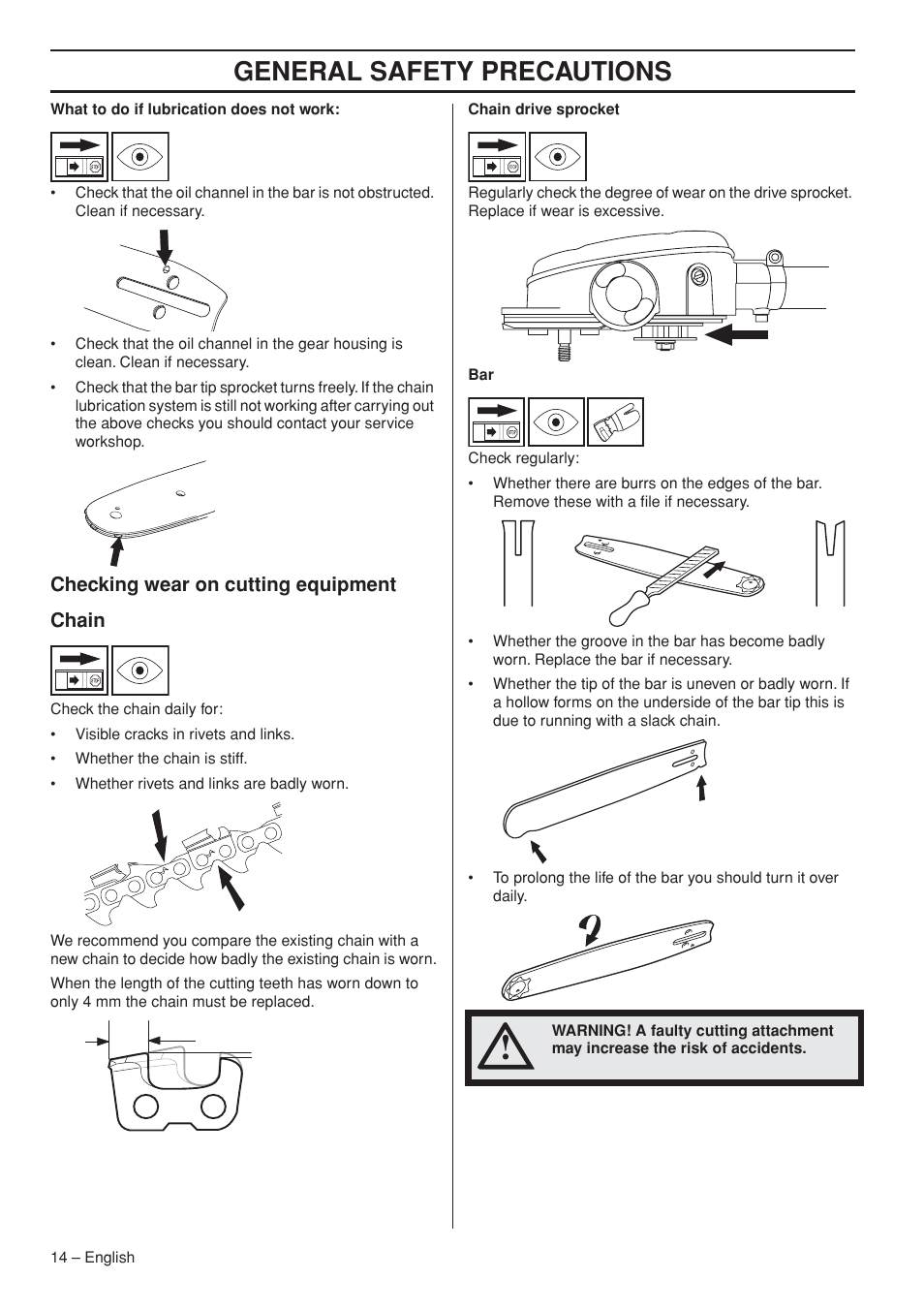 Checking wear on cutting equipment, Chain, General safety precautions | Checking wear on cutting equipment chain | Husqvarna 327P5X-series User Manual | Page 14 / 36