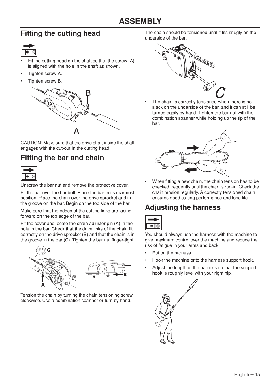 Fitting the cutting head, Fitting the bar and chain, Adjusting the harness | Assembly | Husqvarna 327P5X-series User Manual | Page 15 / 36