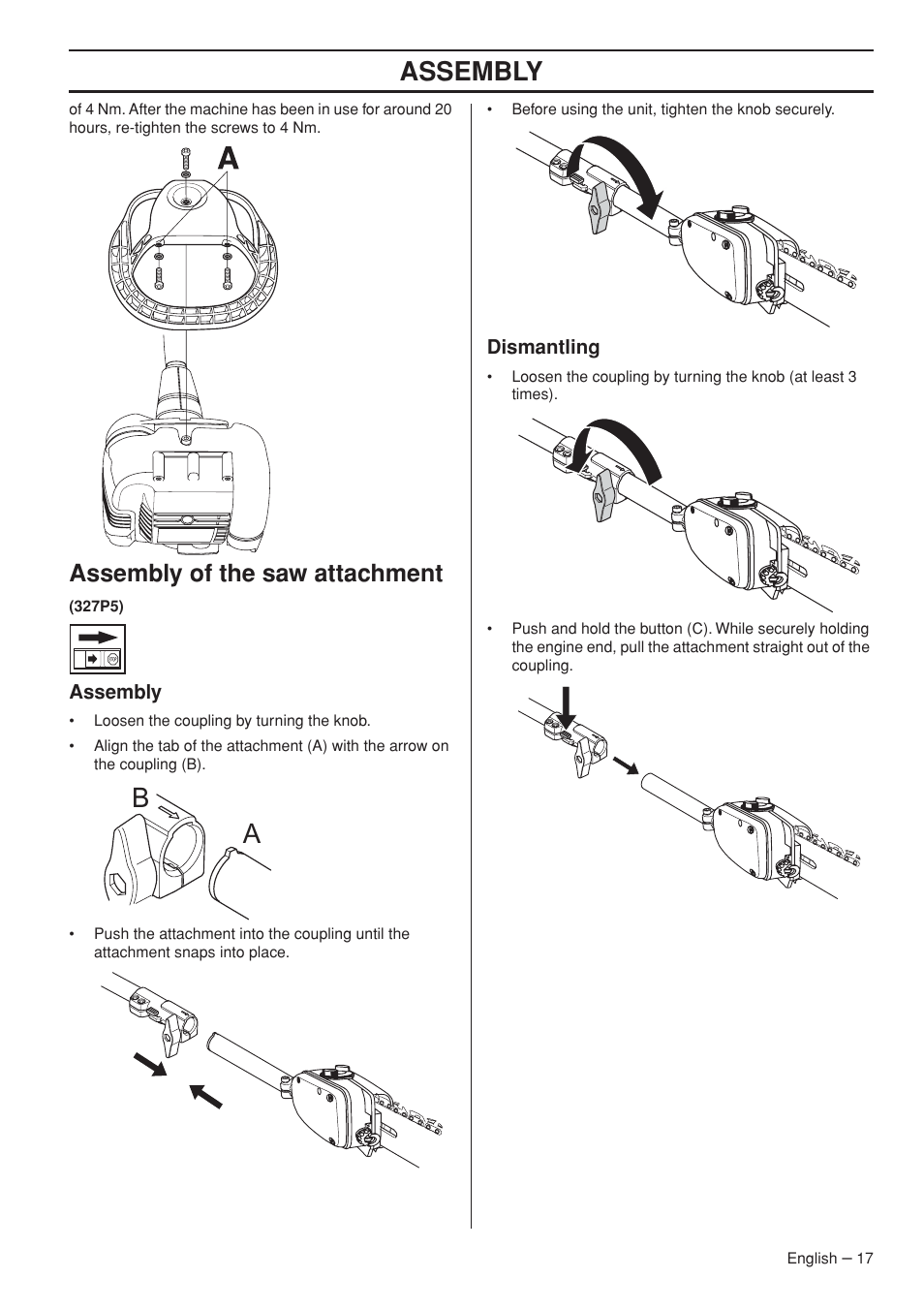 Assembly of the saw attachment, Assembly, Dismantling | Husqvarna 327P5X-series User Manual | Page 17 / 36