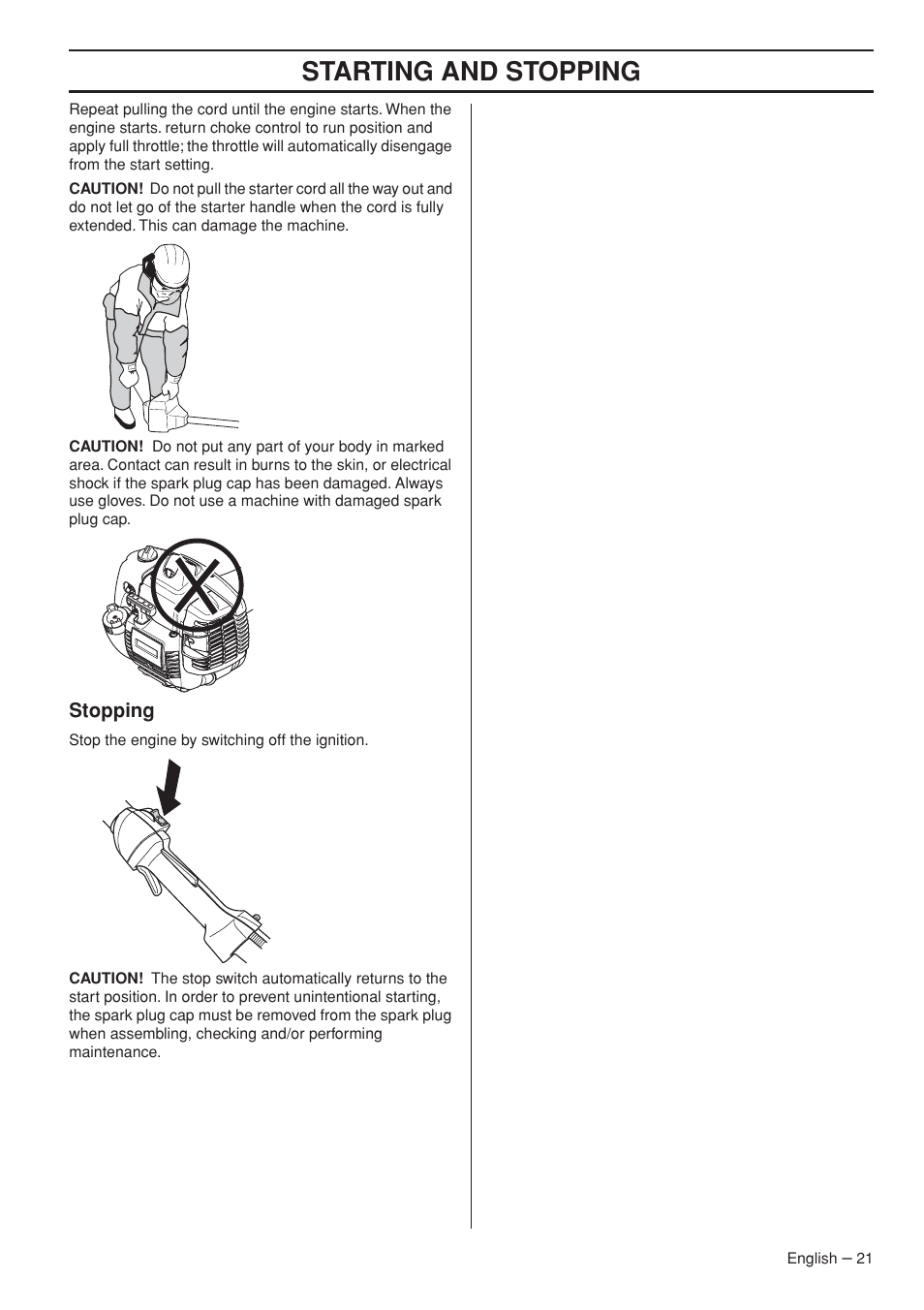 Stopping, Starting and stopping | Husqvarna 327P5X-series User Manual | Page 21 / 36