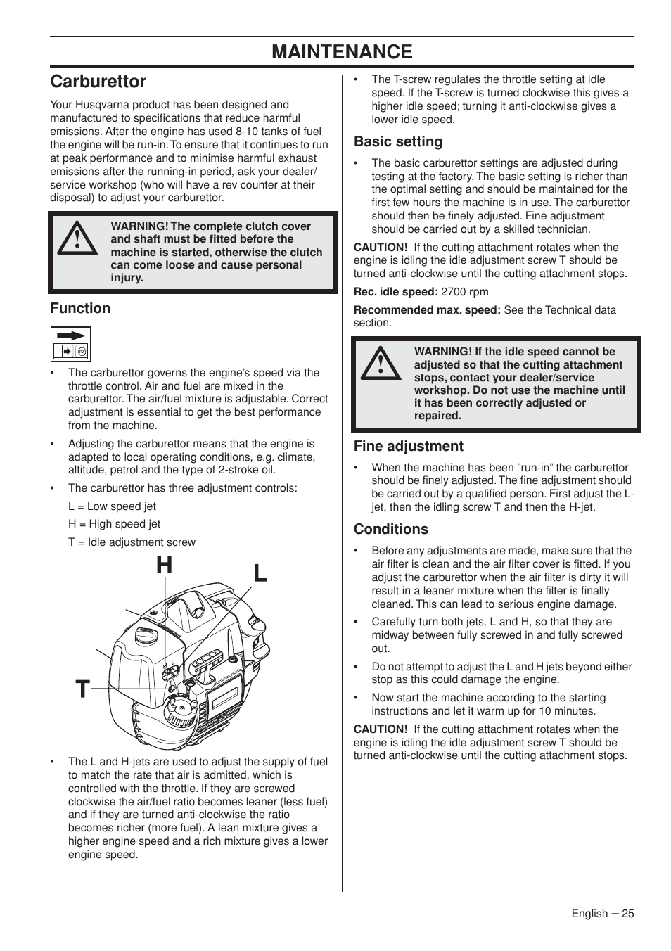 Carburettor, Function, Basic setting | Fine adjustment, Conditions, Maintenance | Husqvarna 327P5X-series User Manual | Page 25 / 36