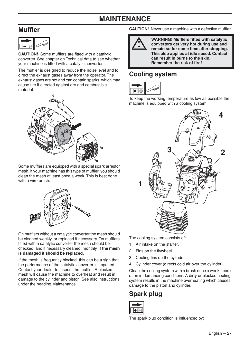 Muffler, Cooling system, Spark plug | Maintenance | Husqvarna 327P5X-series User Manual | Page 27 / 36