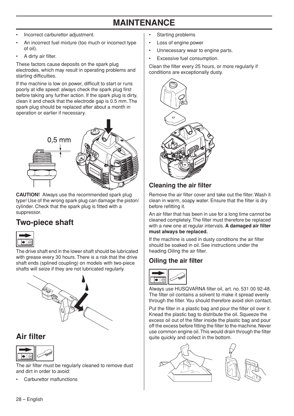 Two-piece shaft, Air filter, Cleaning the air filter | Oiling the air filter, Maintenance | Husqvarna 327P5X-series User Manual | Page 28 / 36