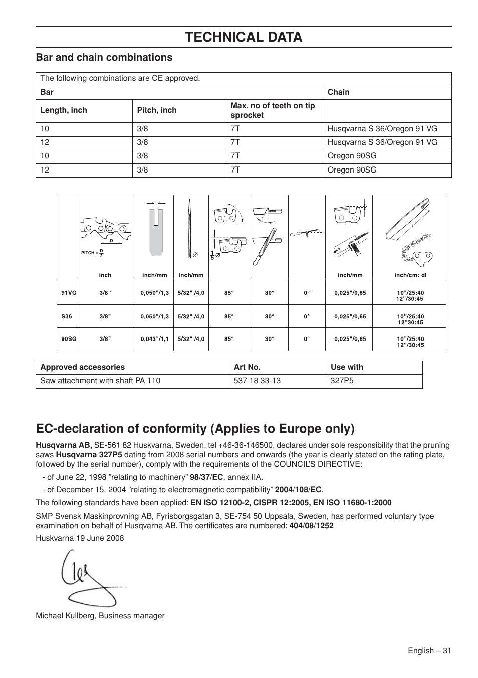 Bar and chain combinations, Technical data | Husqvarna 327P5X-series User Manual | Page 31 / 36