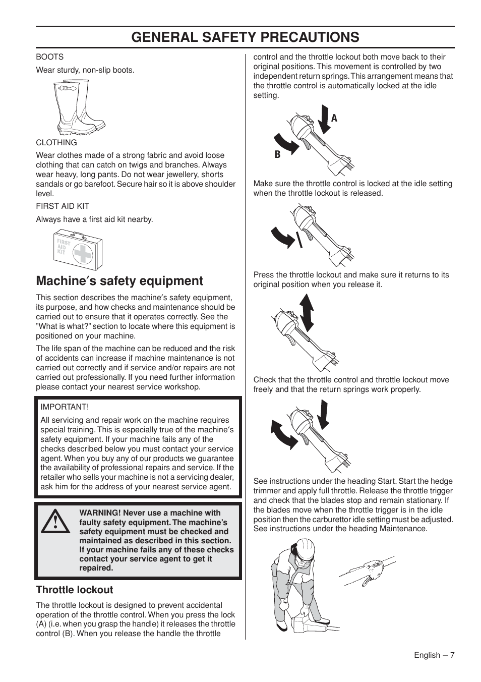 Machine¢s safety equipment, Throttle lockout, General safety preca utions | Mac hine ′ s safety equipment | Husqvarna 327P5X-series User Manual | Page 7 / 36