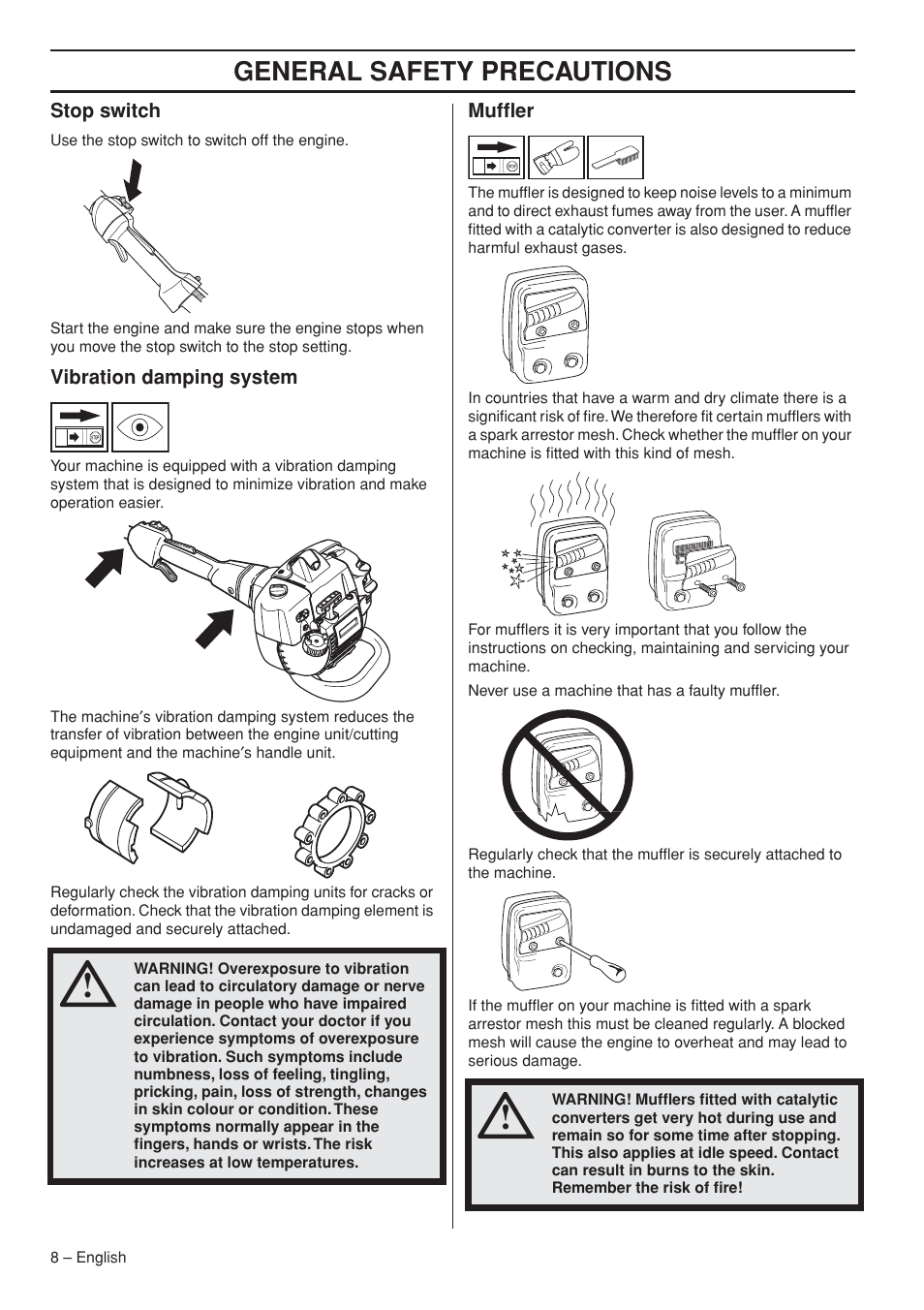 Stop switch, Vibration damping system, Muffler | General safety preca utions | Husqvarna 327P5X-series User Manual | Page 8 / 36