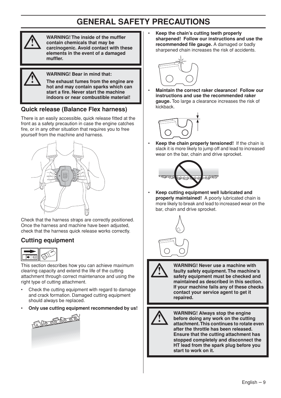 Quick release (balance flex harness), Cutting equipment, General safety precautions | Husqvarna 327P5X-series User Manual | Page 9 / 36