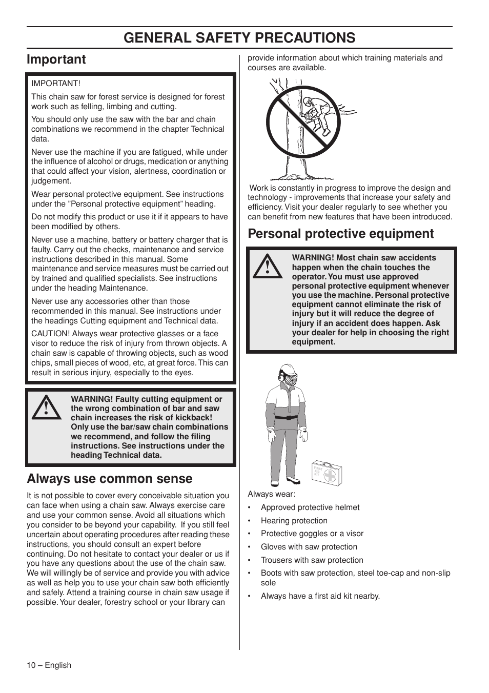 Important, Always use common sense, Personal protective equipment | General safety precautions, Important always use common sense | Husqvarna 536 LIXP User Manual | Page 10 / 44