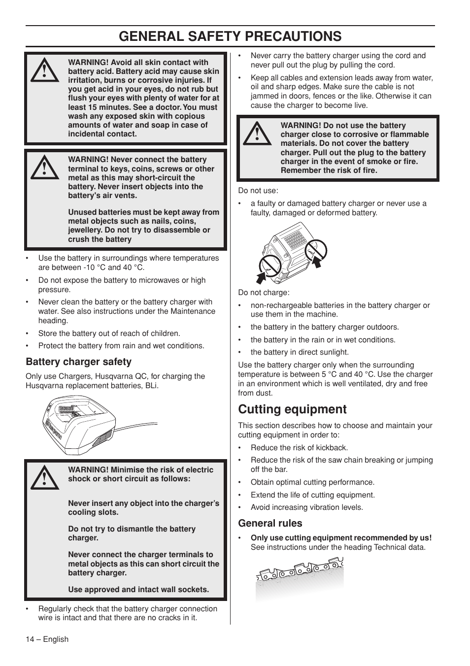 Battery charger safety, Cutting equipment, General rules | General safety precautions | Husqvarna 536 LIXP User Manual | Page 14 / 44