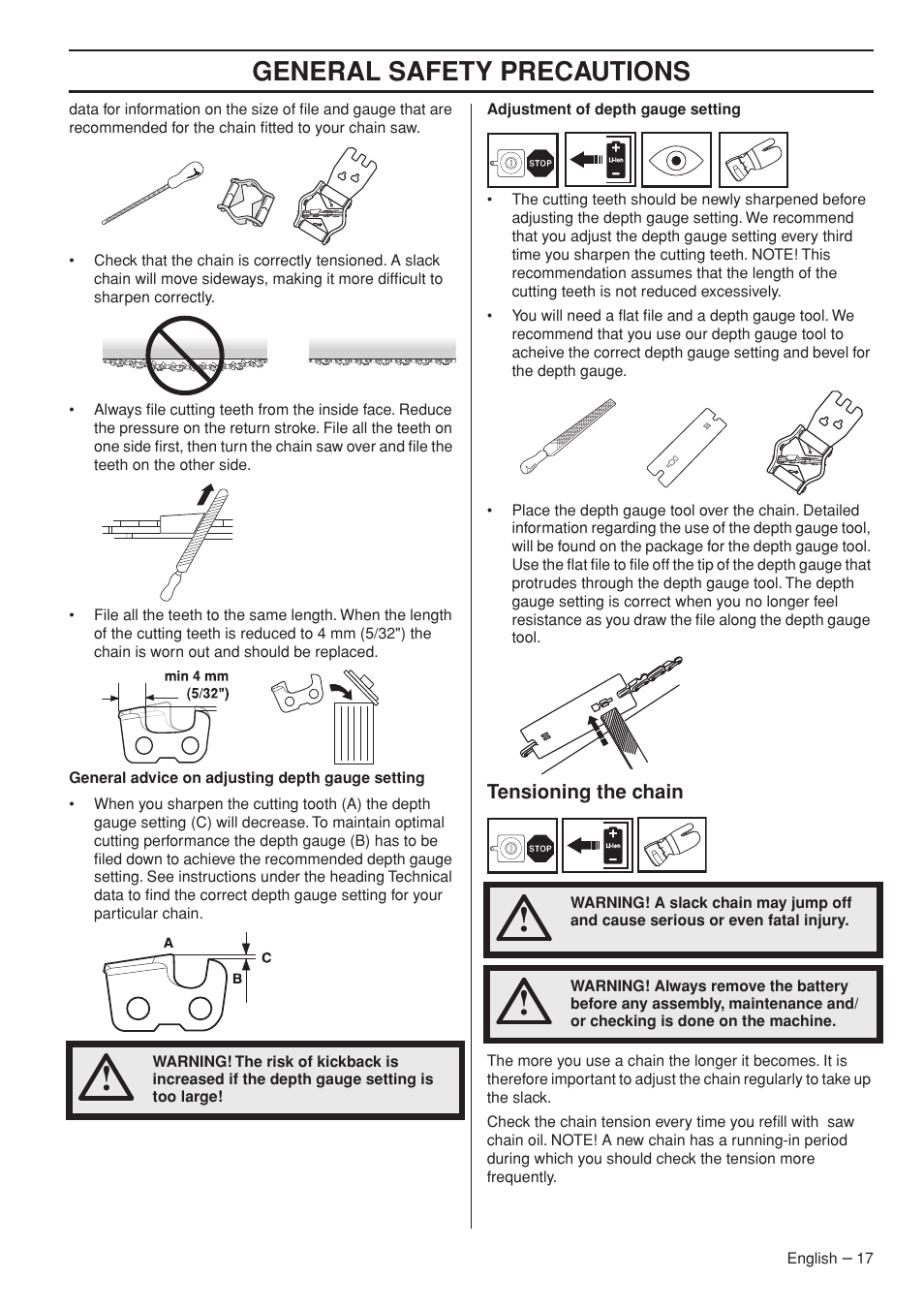 Tensioning the chain, General safety precautions | Husqvarna 536 LIXP User Manual | Page 17 / 44