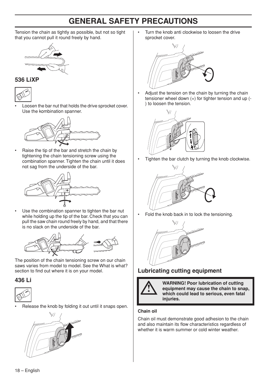 536 lixp, 436 li, Lubricating cutting equipment | General safety precautions | Husqvarna 536 LIXP User Manual | Page 18 / 44