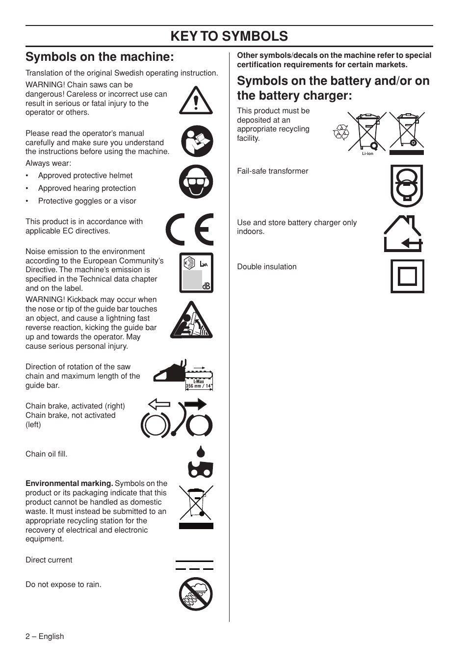 Symbols on the machine, Key t o symbols, Symbols on the mac hine | Husqvarna 536 LIXP User Manual | Page 2 / 44